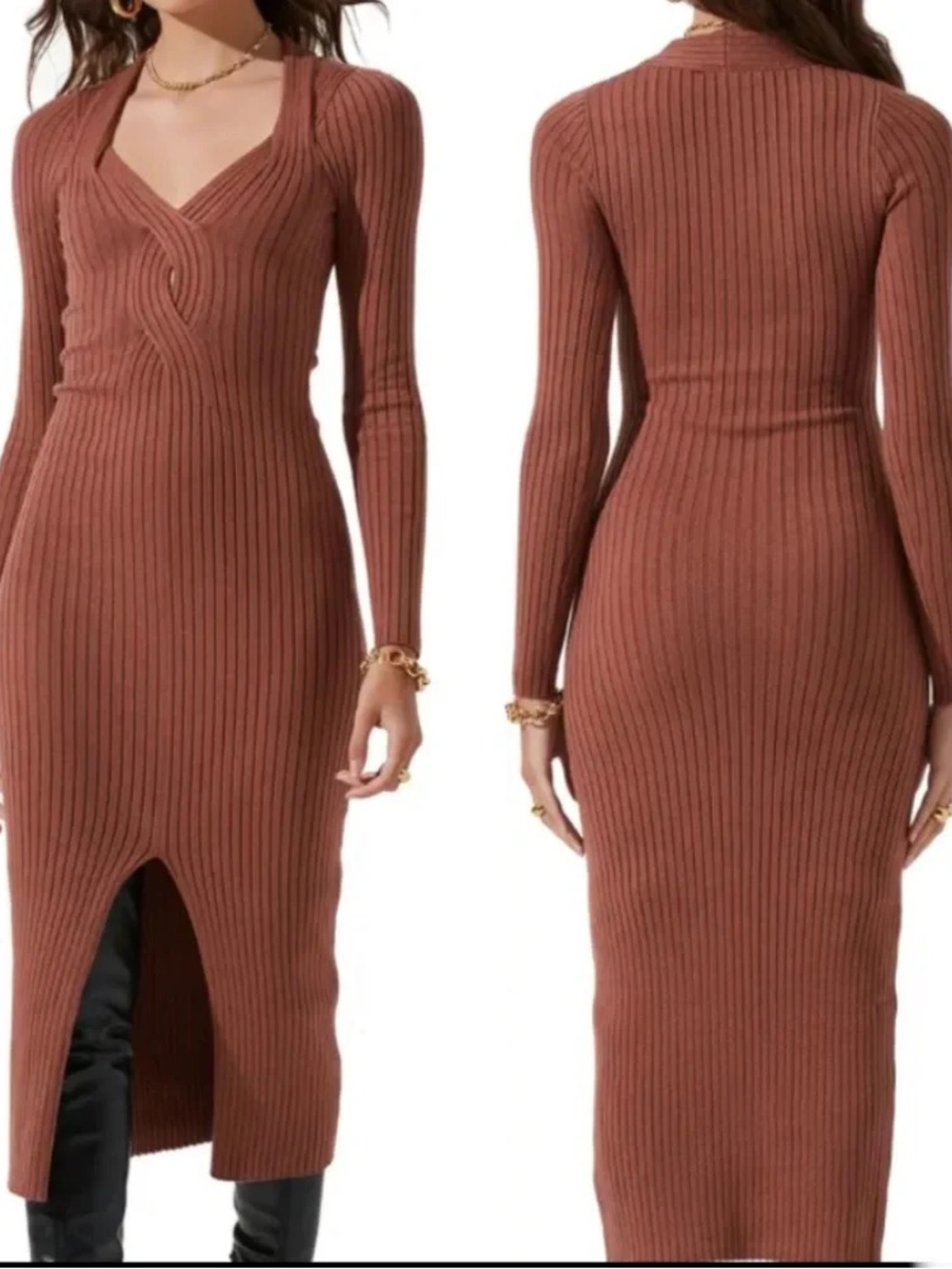 ASTR the label Ribbed V-Neck Long Sleeve Midi Sweater Dress